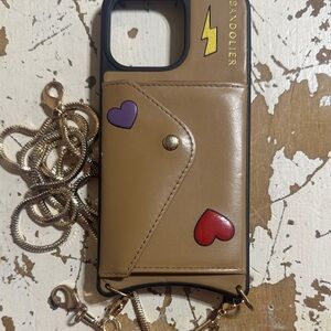 Bandolier Tan Phone Case with Hearts and Chain Strap iPhone 15 pro max